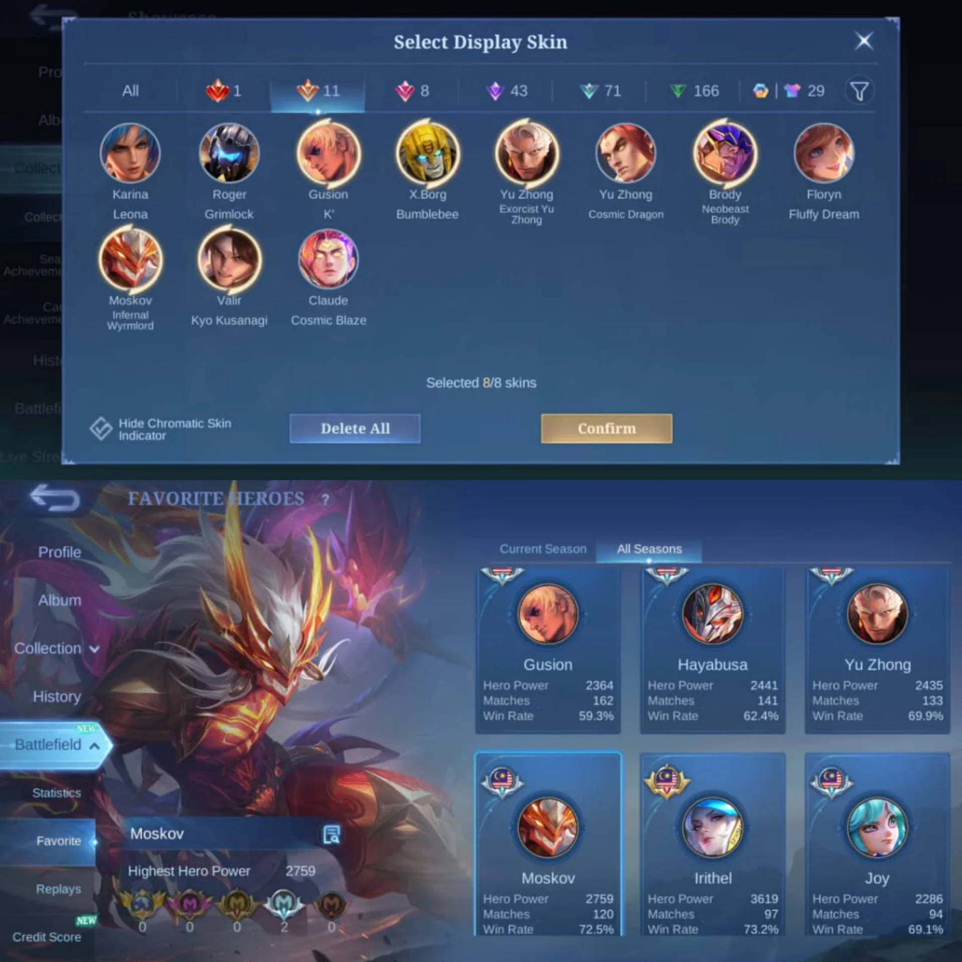 LEGEND LUNOX, KOF GUSION VALIR KARINA, TRANSFORMER X-BORG ROGER, EXORCIST YUZHONG, ALLSTAR MOSKOV, DLL.