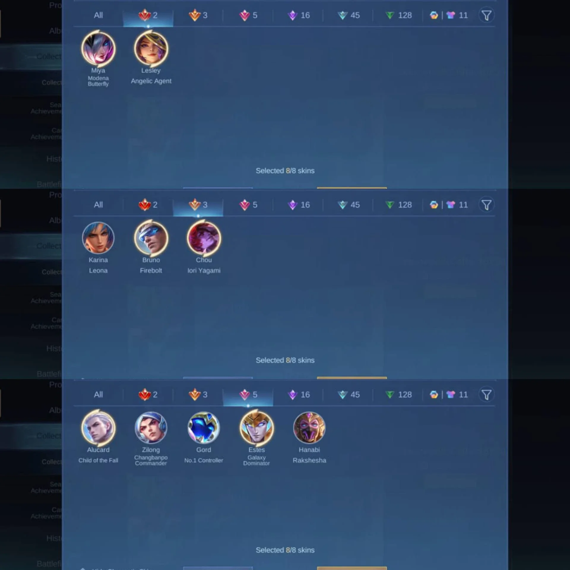 LEGEND MIYA LESLEY, KOF CHOU KARINA, DAWNING BRUNO