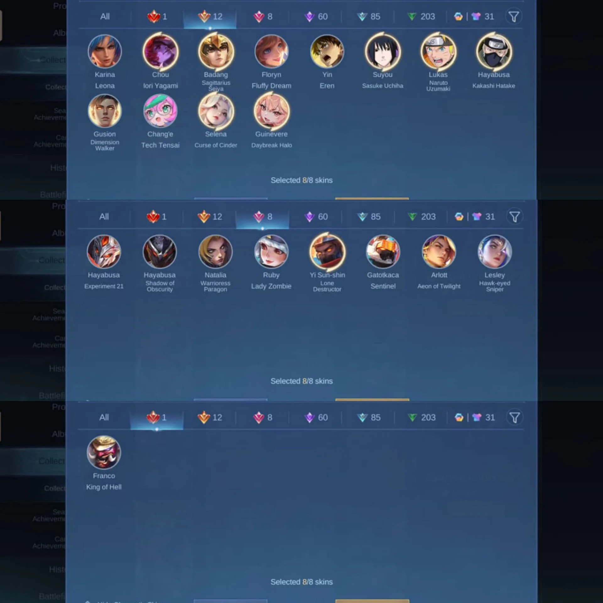 LEGEND FRANCO, KOF CHOU KARINA, 3 NARUTO, ZENITH SELENA, DLL