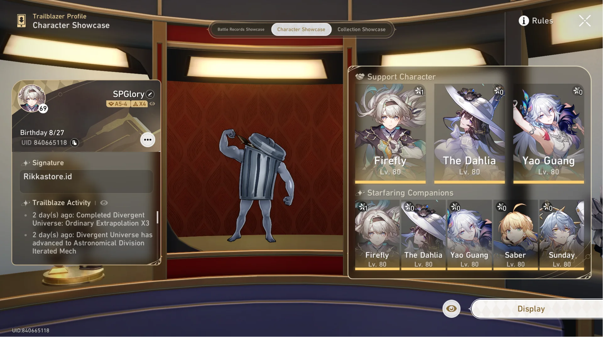 ASIA | 25x 5★ (2x Sigs) | Firefly E1+Sig, Saber+Sig, Ruan Mei, Jingliu, Sparxie, Sunday, Archer, Dahlia | Unset User | HSR-011