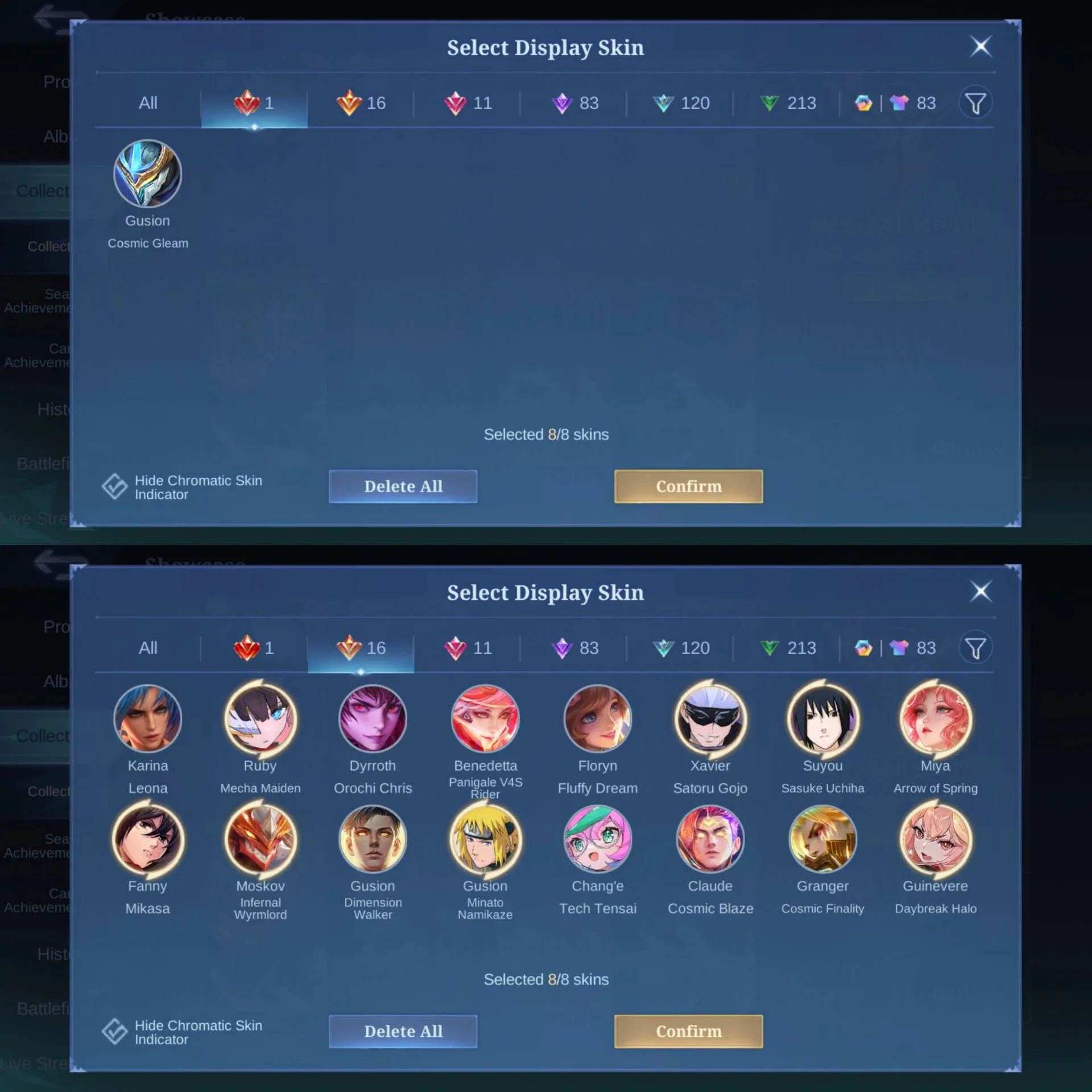 LEGEND GUSION, 3 ASPI GUIN RUBY CHANG'E, SASUKE & MINATO, AOT FANNY, JJK XAVIER