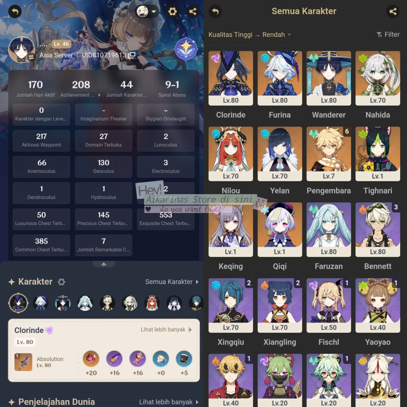JUAL AKUN OLD 810XXX, WANDERER, CLORINDE, FURINA, NAHIDA, NILOU, YELAN