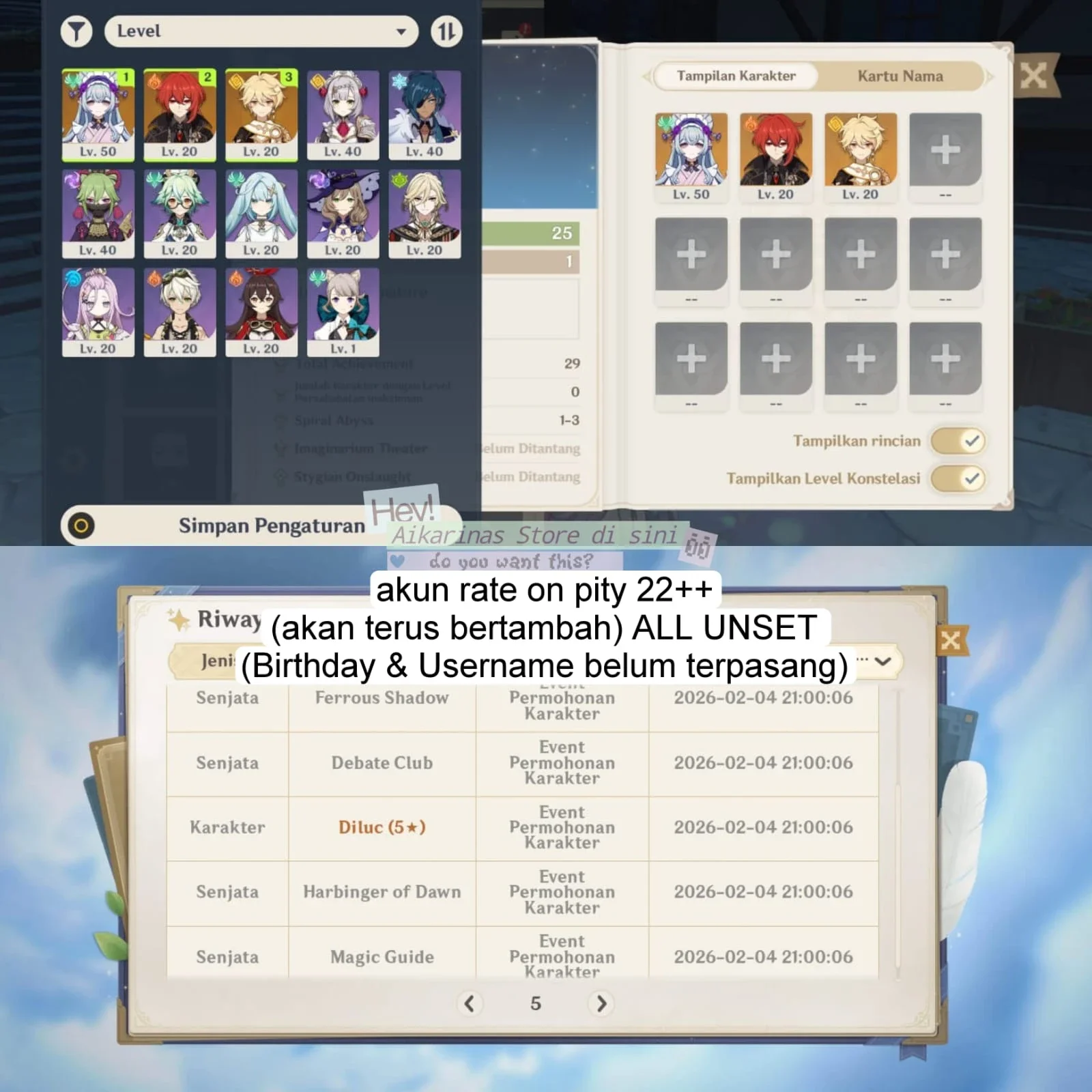 JUAL AKUN RATE ON (DILUC, MIZUKI)